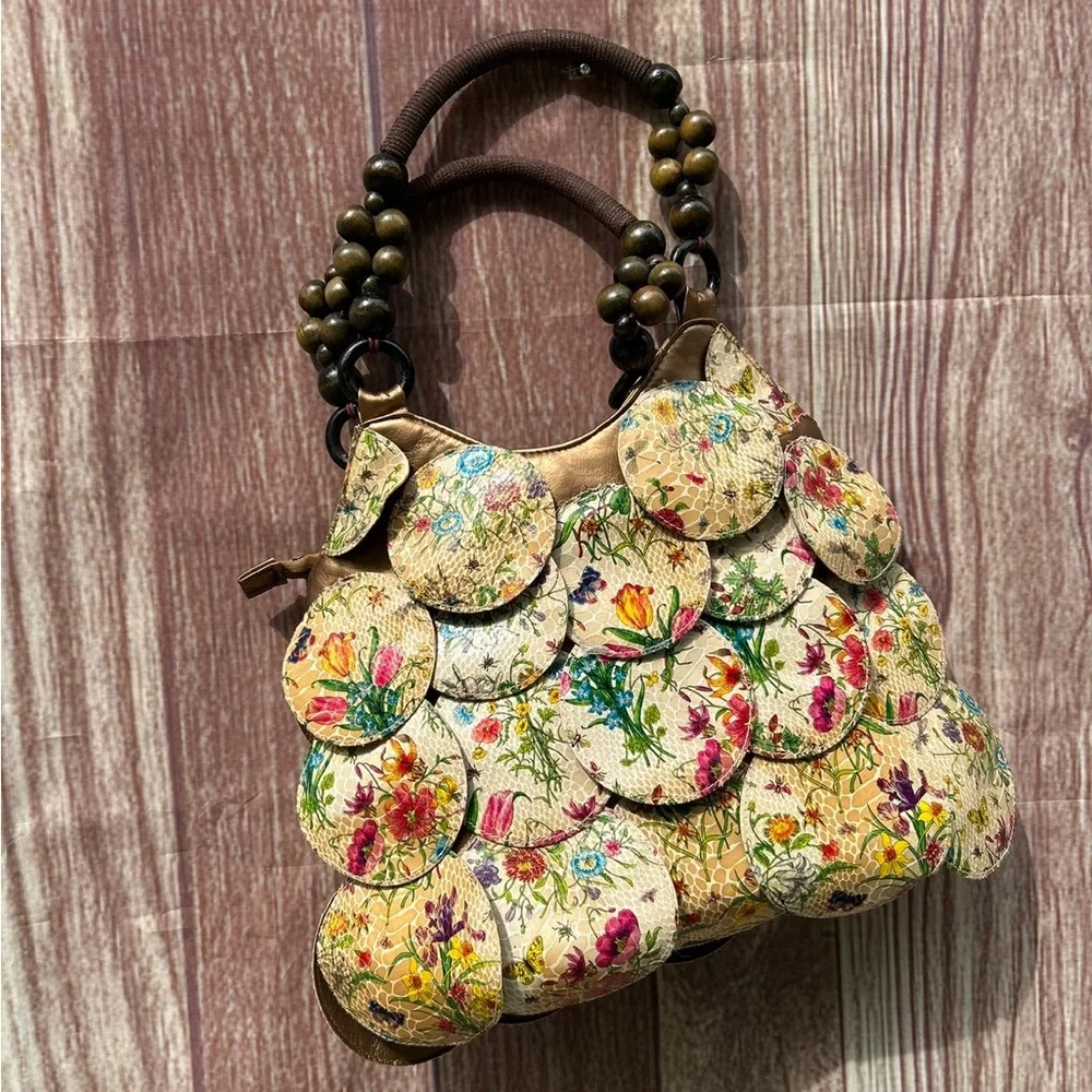 Floral circle patchwork fall boho cottage purse beaded handle hobo